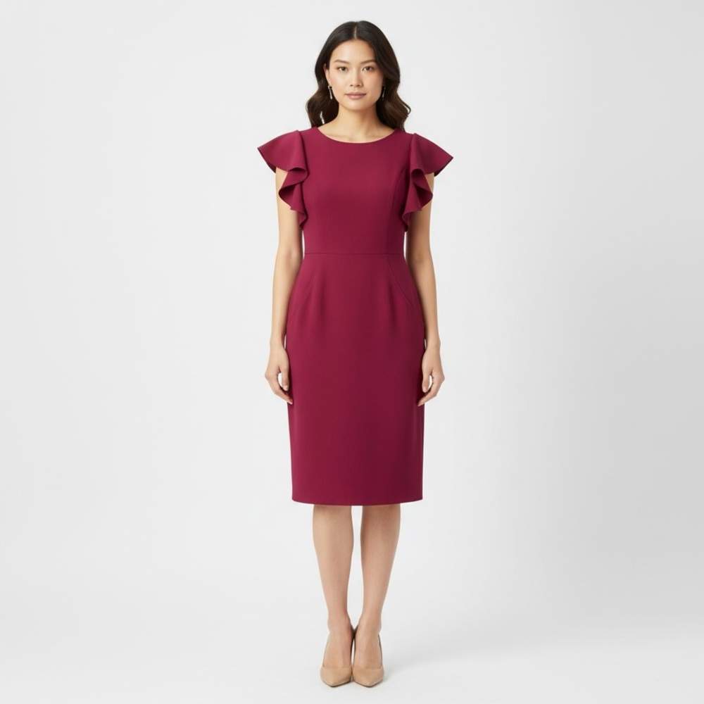 Calvin Klein Burgundy Ruffle Sleeves Sheath‎ Dress US 8 Professional Dress